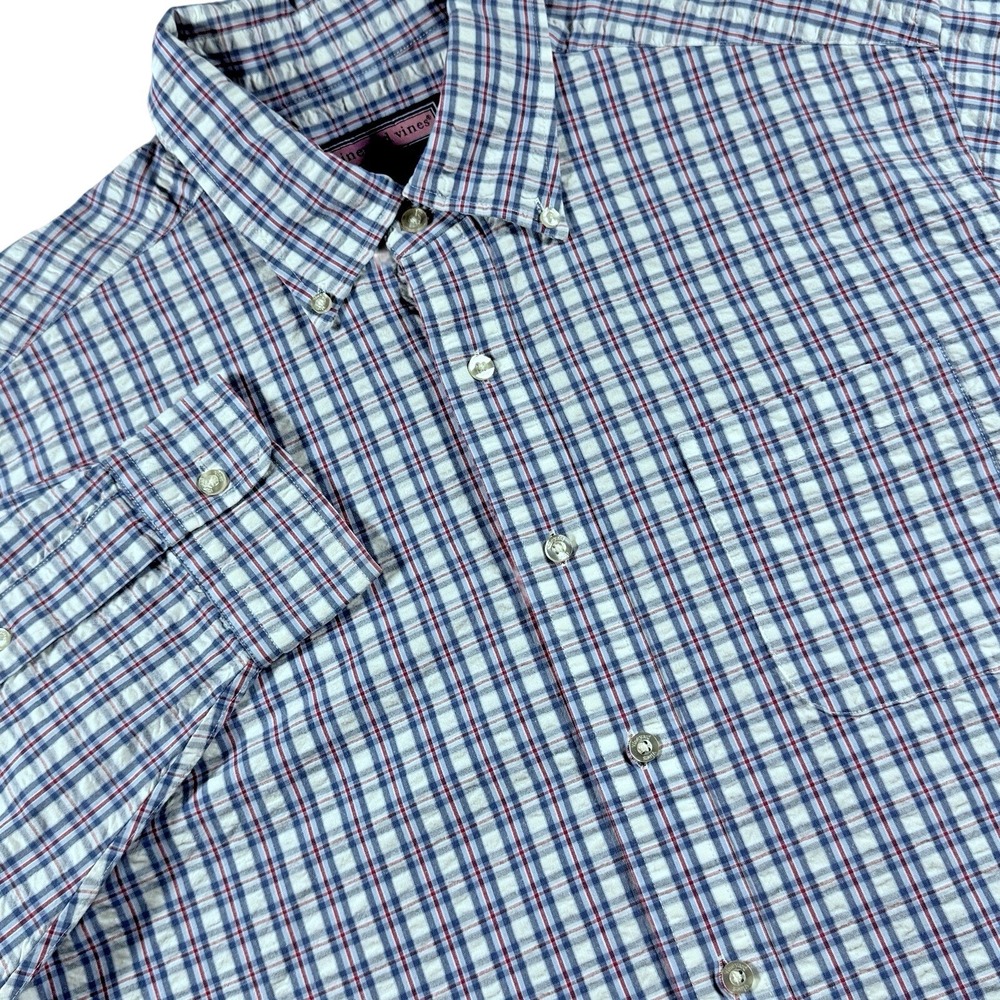 Vineyard Vines Murray Button Down Shirt Mens Large Blue Red Plaid Seersucker